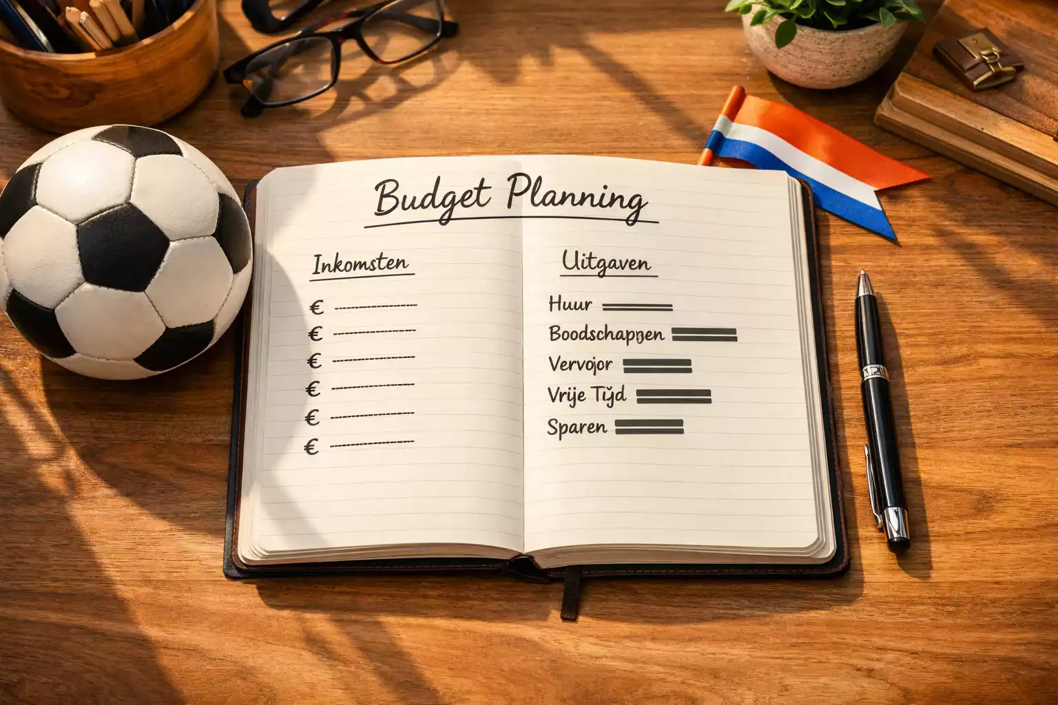 Notitieboek met wedbudget planning naast voetbal op bureau tijdens WK periode