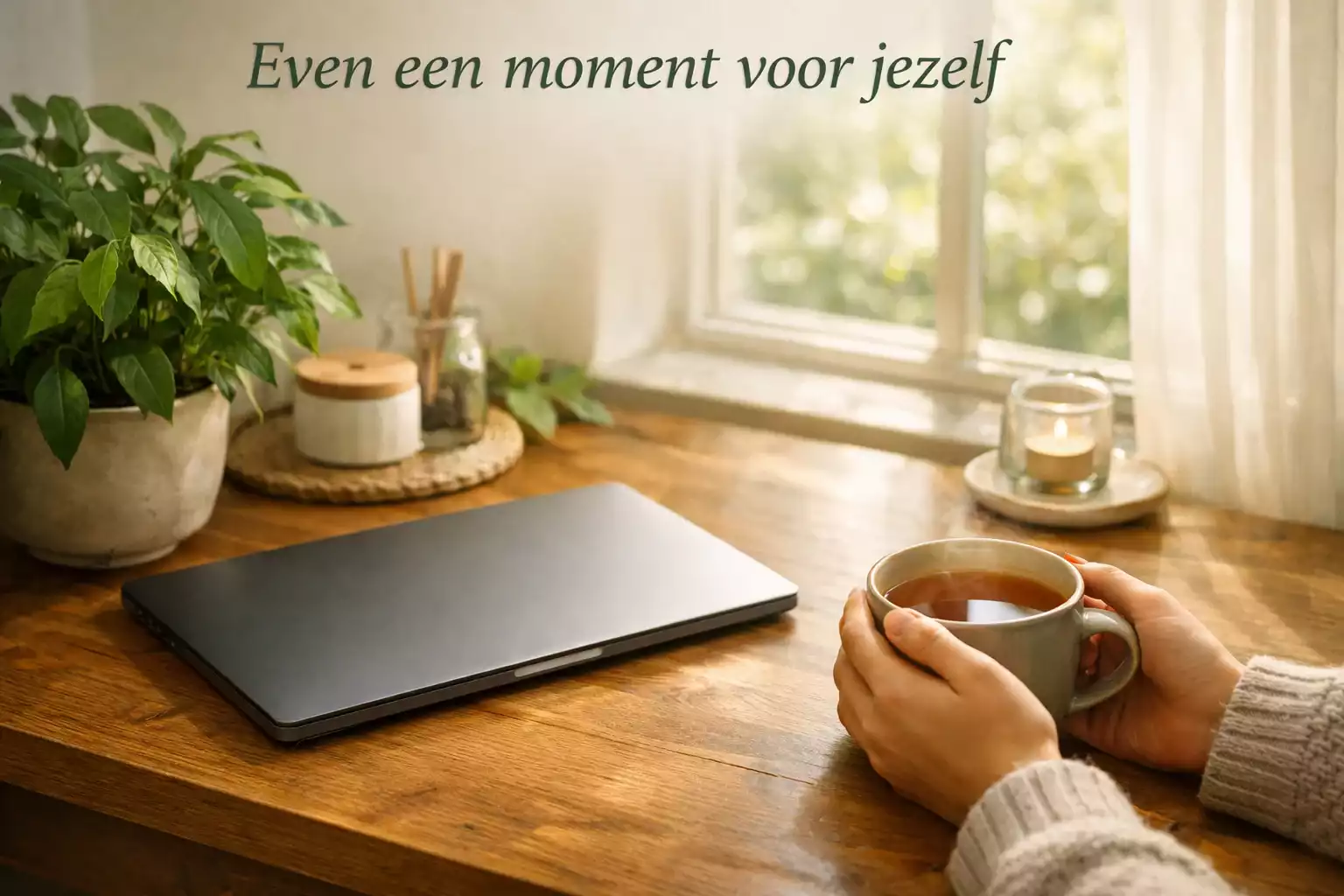 Persoon neemt bewuste pauze van gokken met gesloten laptop en rustgevende omgeving