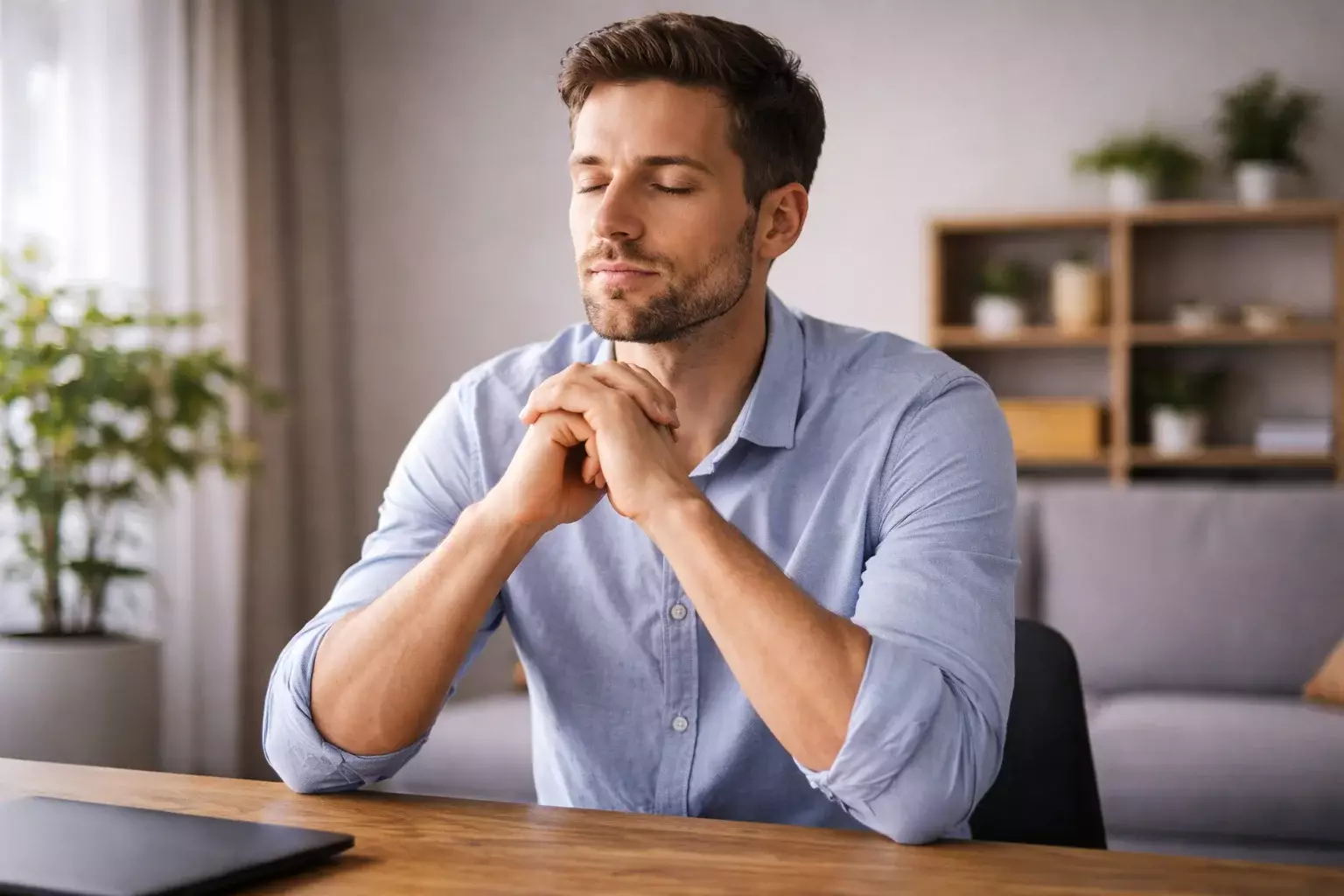 Rustige man denkt na over beslissing met gesloten ogen