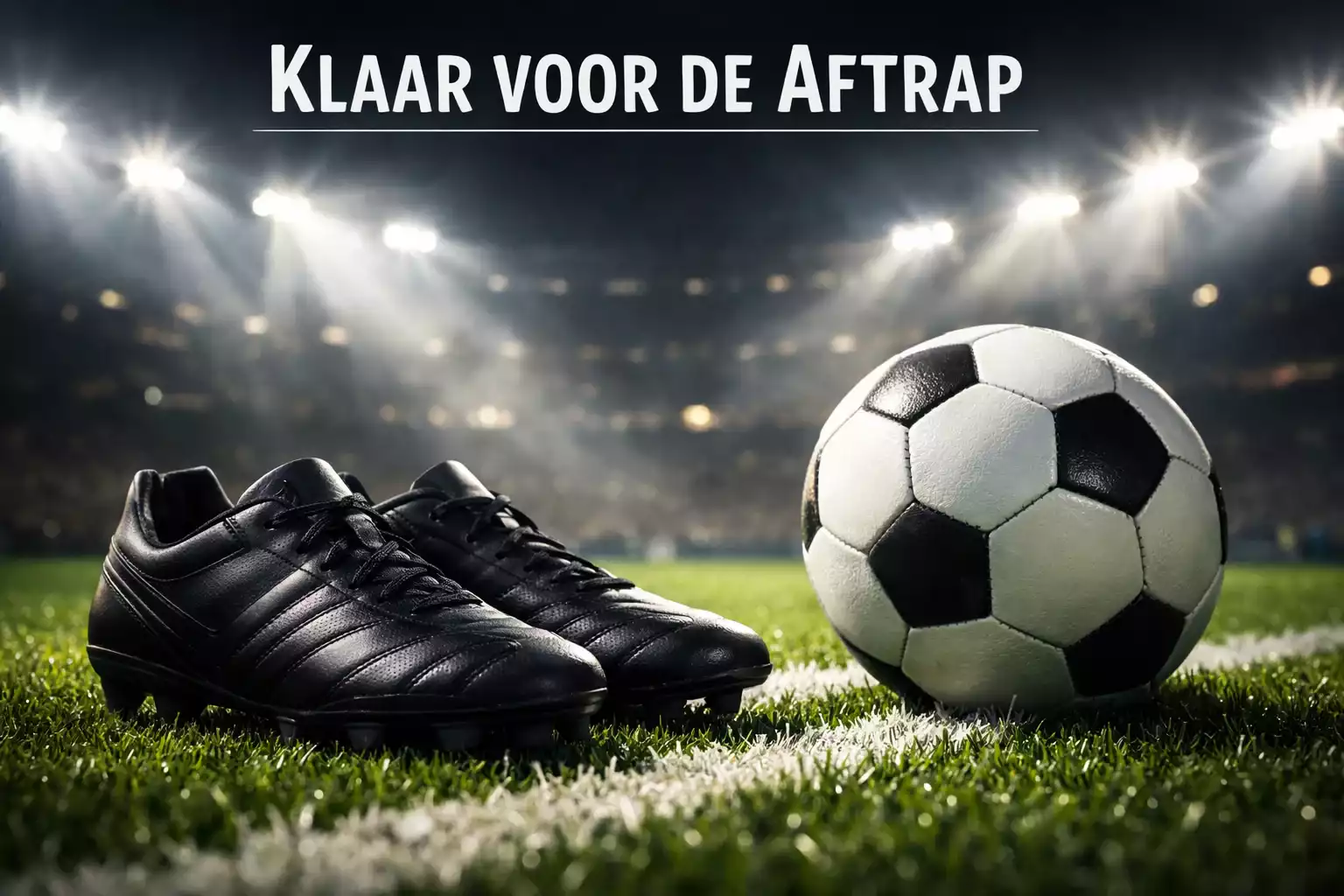 Voetbalschoenen op gras met voetbal klaar voor aftrap