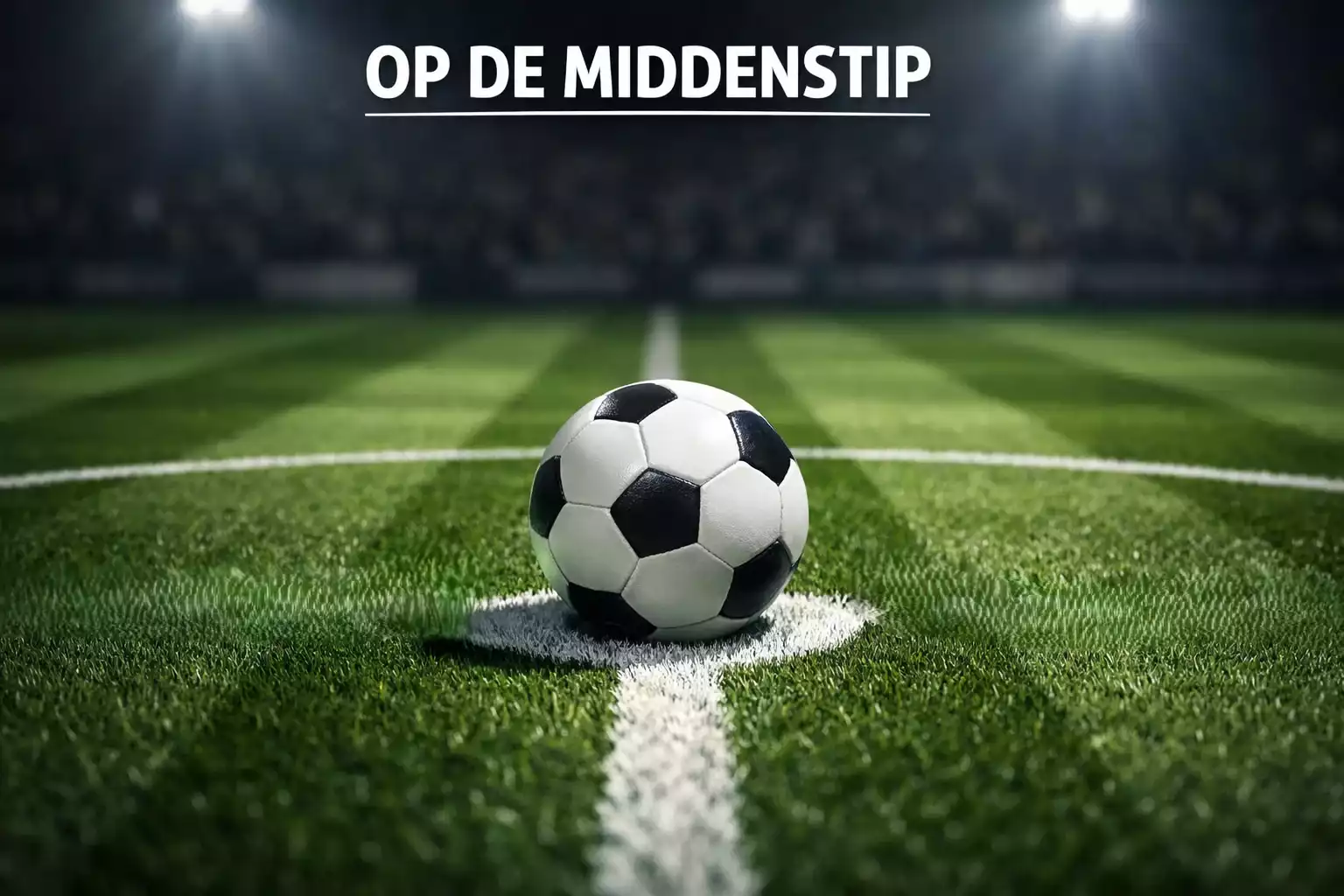 Voetbal op de middenstip van een groen voetbalveld met stadionlichten