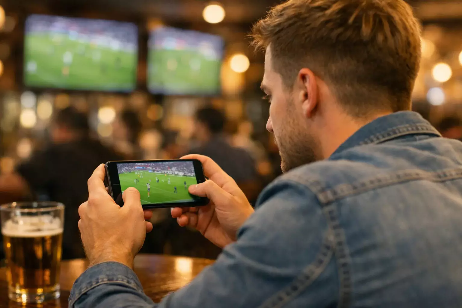 Man bekijkt sportweddenschappen op zijn smartphone tijdens een voetbalwedstrijd