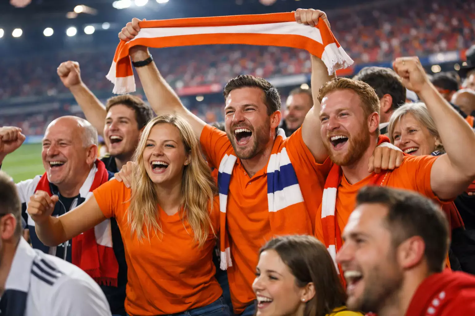 Voetbalfans juichen in een stadion tijdens een WK-wedstrijd