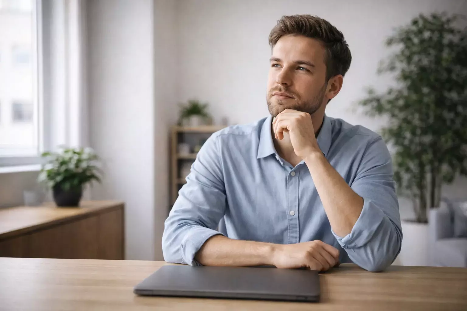 Persoon maakt een weloverwogen beslissing achter een bureau