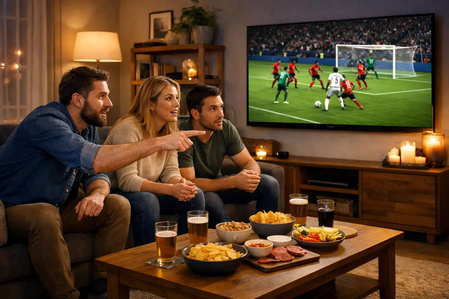 Vrienden kijken samen naar een voetbalwedstrijd op televisie in de woonkamer