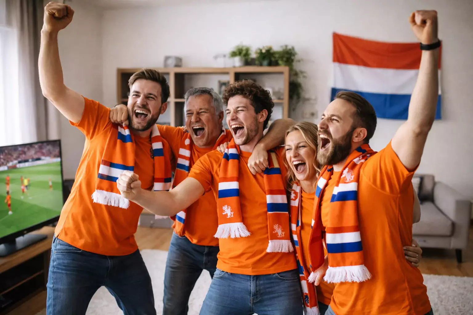 Nederlandse voetbalfans in oranje shirts vieren een doelpunt
