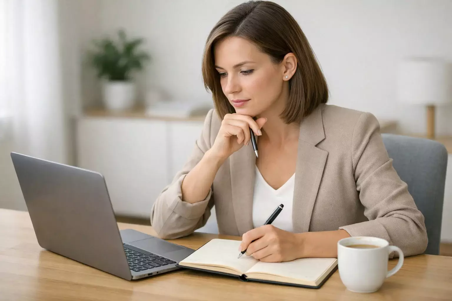 Persoon vergelijkt verschillende opties op een laptop met notitieblok