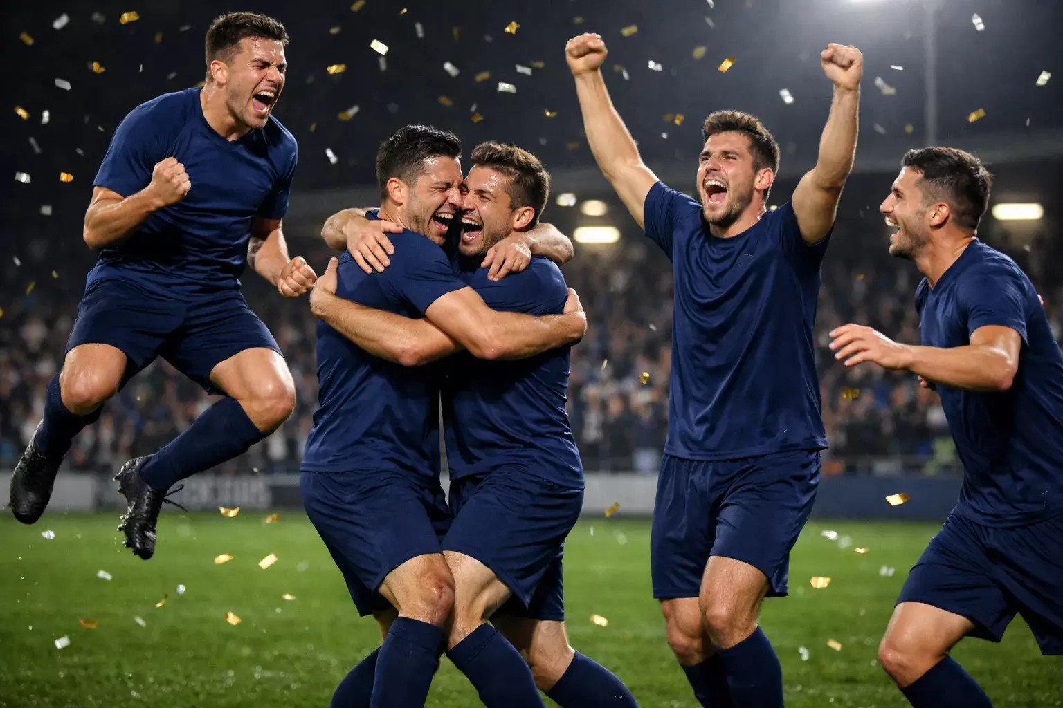 Voetballers vieren een verrassende overwinning op het veld