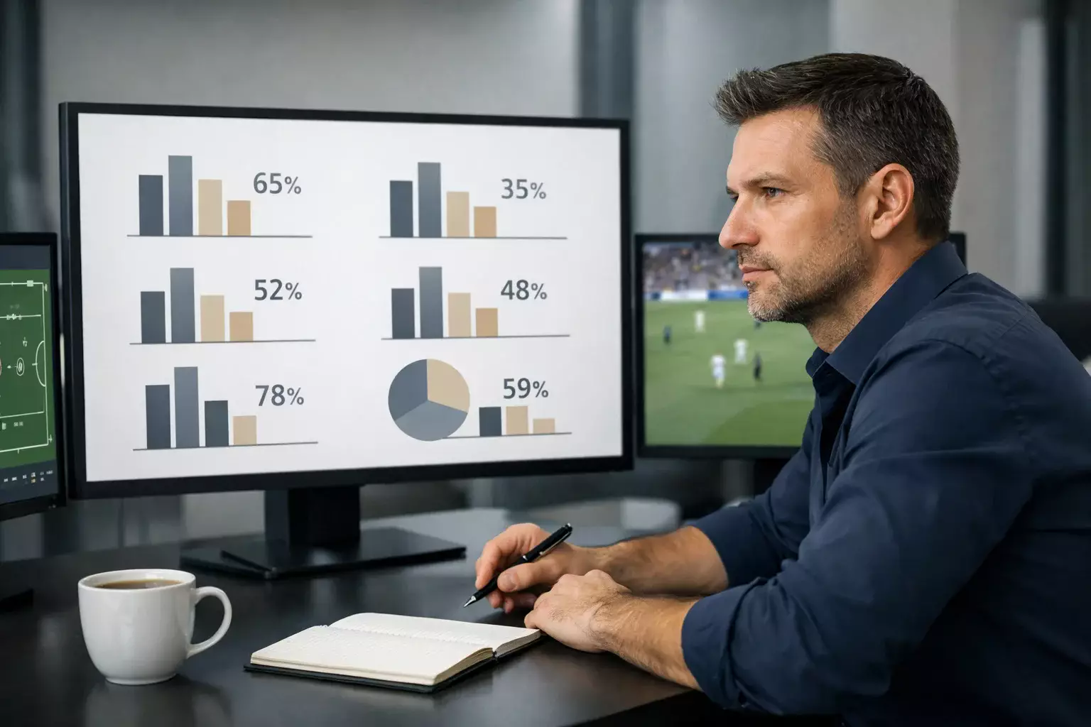 Analist bestudeert voetbalstatistieken op een computerscherm