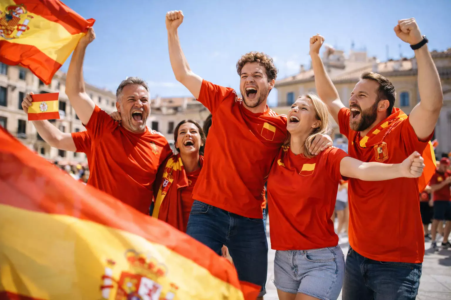 Spaanse voetbalfans vieren een overwinning met vlaggen