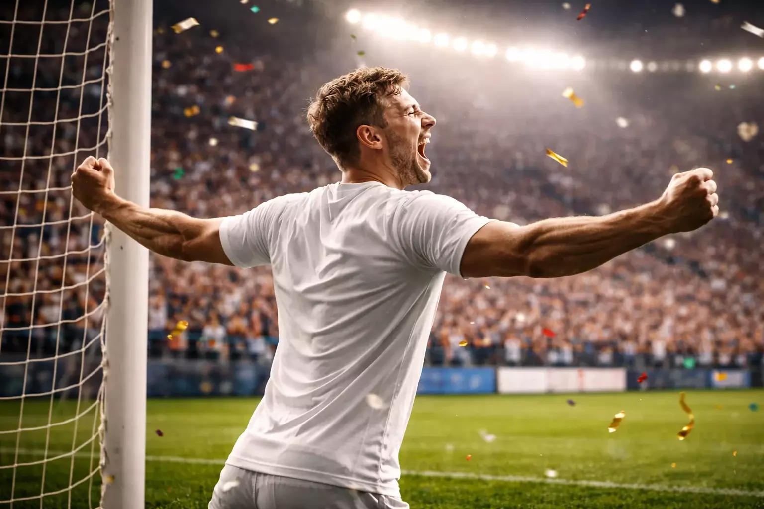 Spits viert een doelpunt met gespreide armen voor het publiek