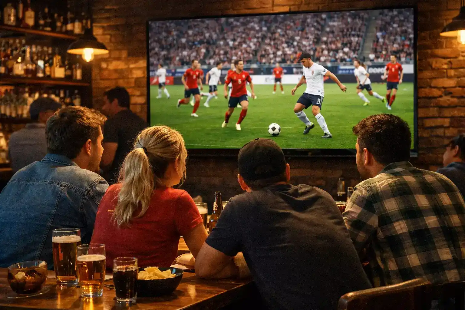 Supporters kijken voetbalwedstrijd op groot scherm in sportbar