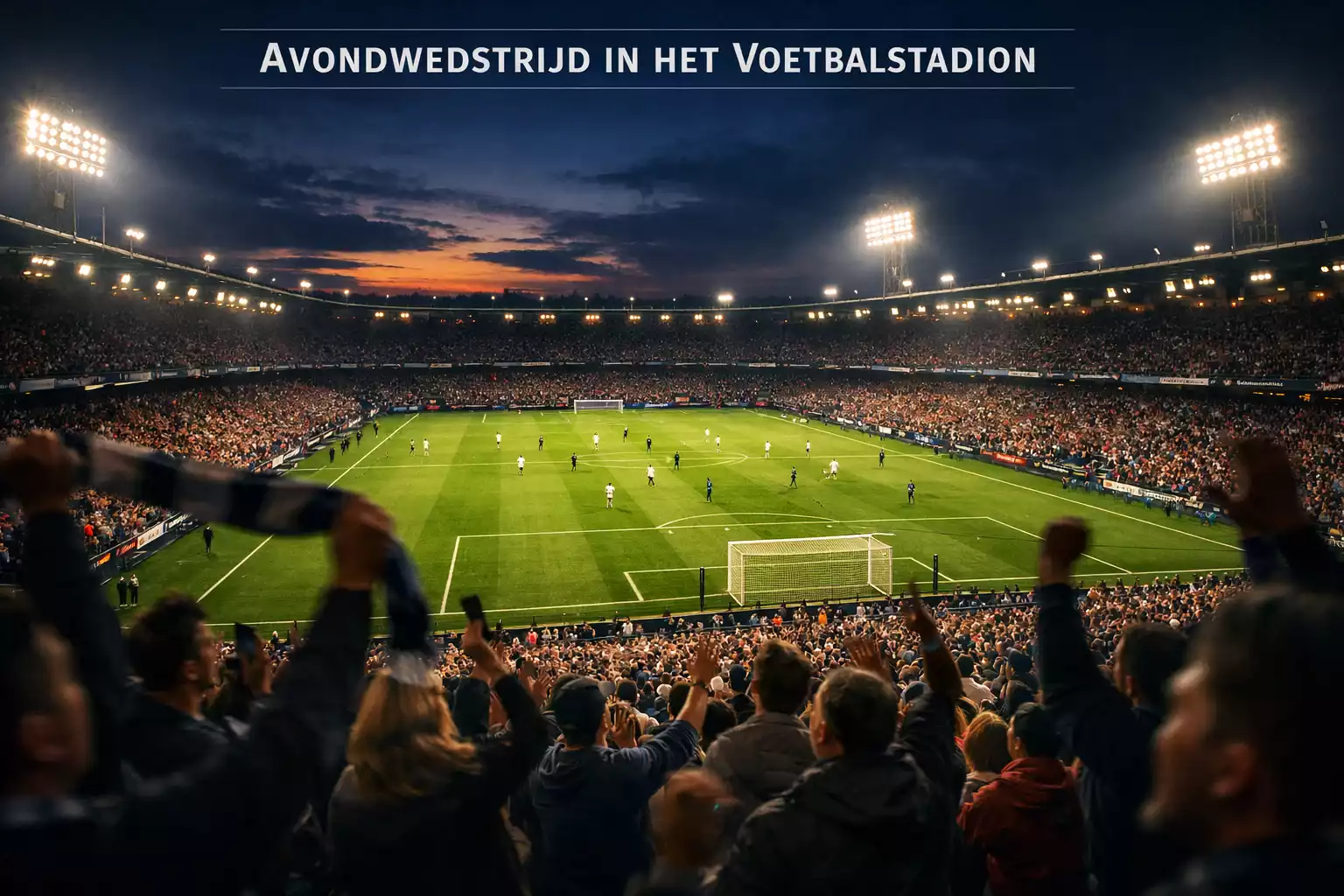 Voetbalwedstrijd in een vol stadion bij avondlicht