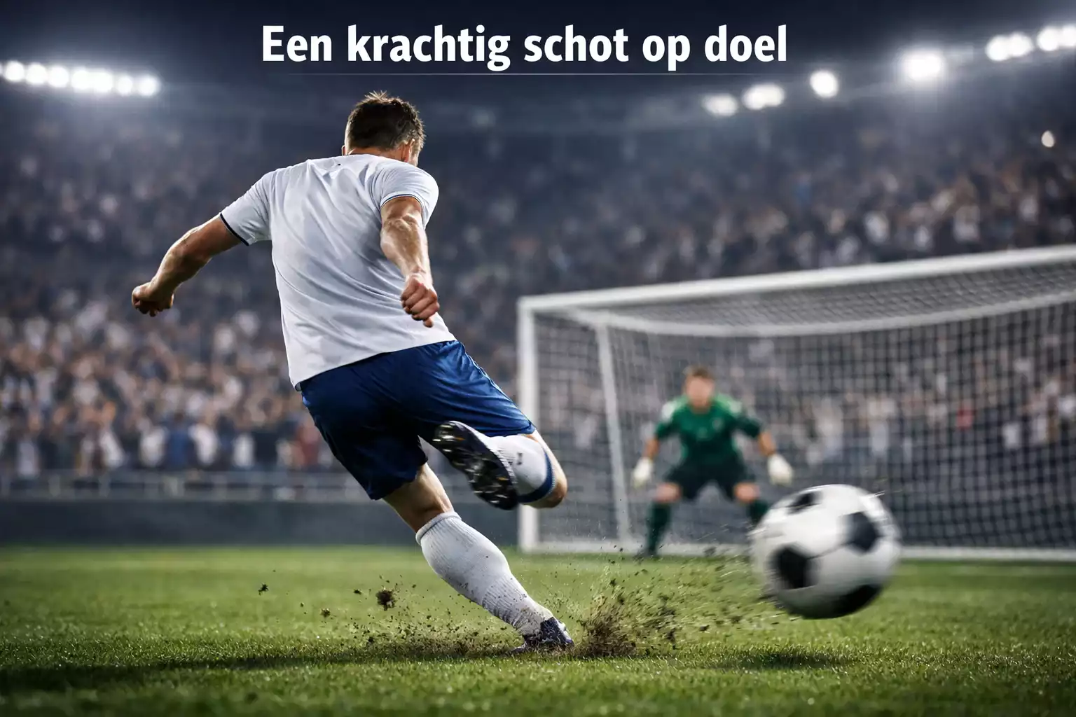 Voetballer schiet op doel tijdens WK wedstrijd in stadion