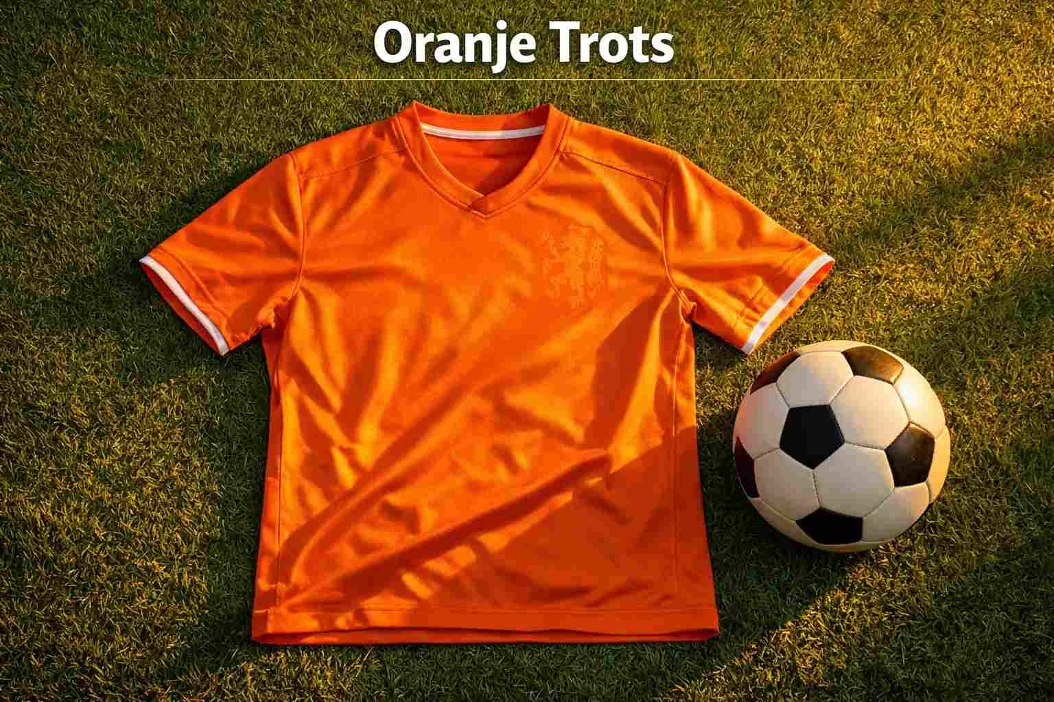 Oranje voetbalshirt met Nederlandse leeuw op voetbalveld