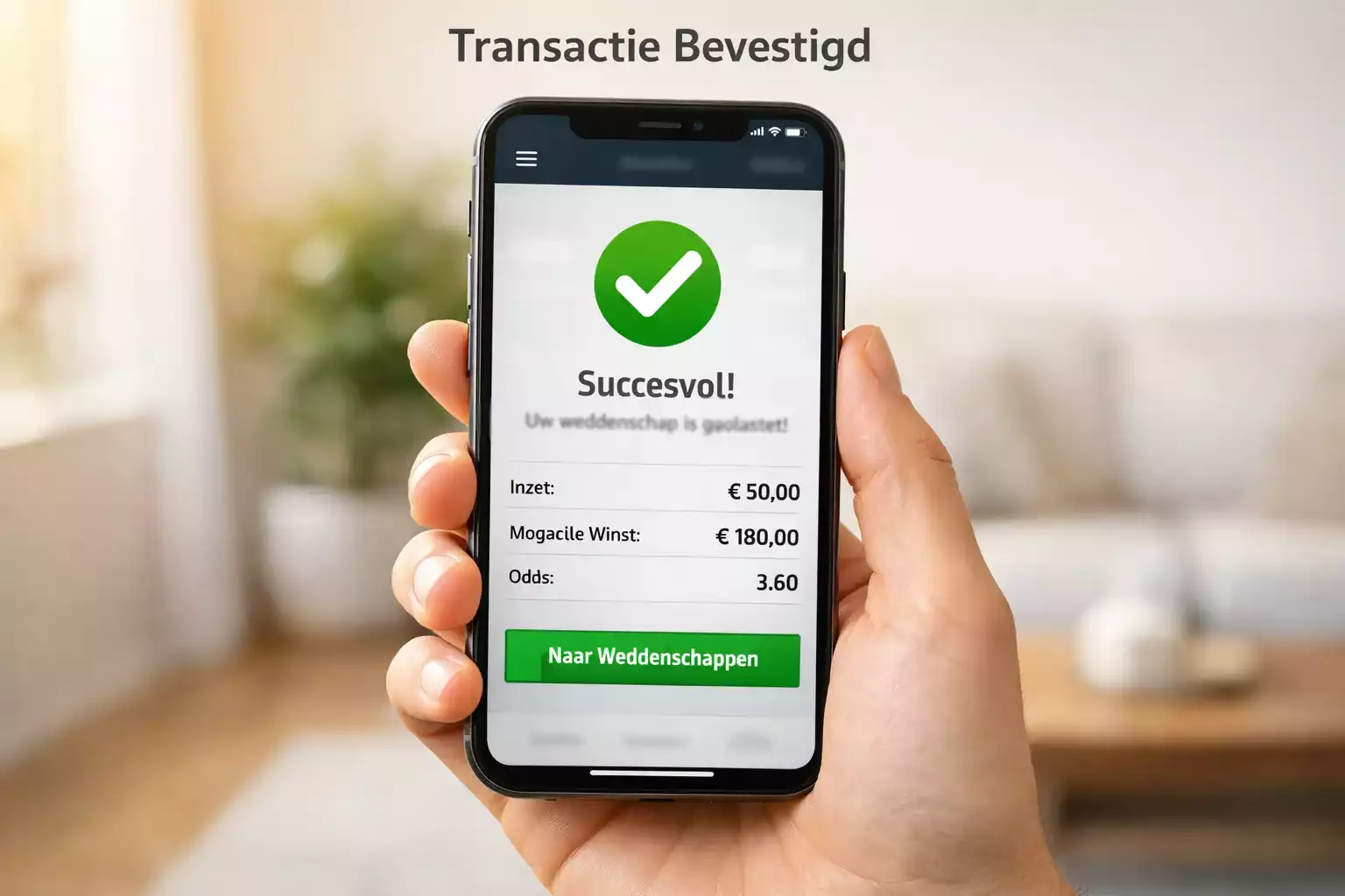 Hand houdt smartphone vast met bevestiging van succesvolle transactie