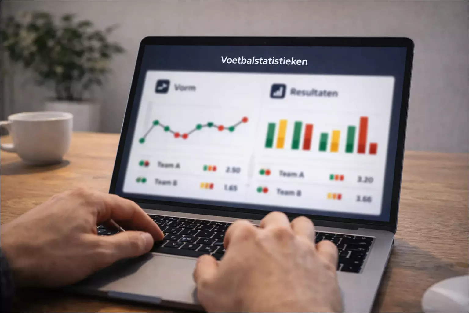 Laptopscherm met voetbalstatistieken en grafieken