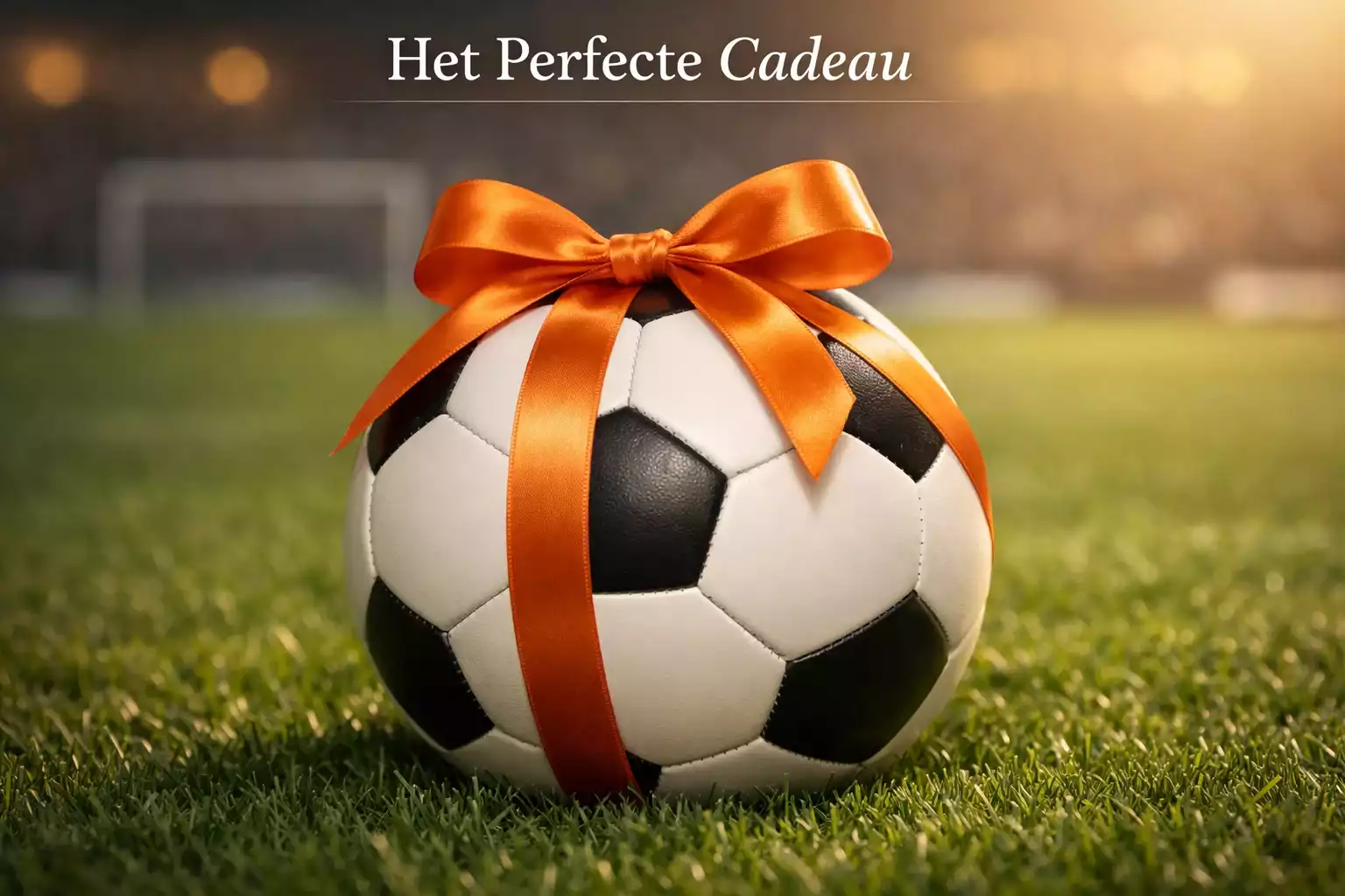 Voetbal met oranje lint als cadeau op groen gras