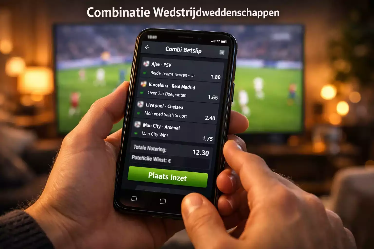 Smartphone met weddenschap app en WK voetbalwedstrijd op achtergrond