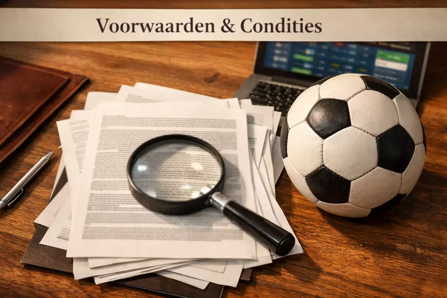 Documenten met bonusvoorwaarden en een voetbal op een bureau
