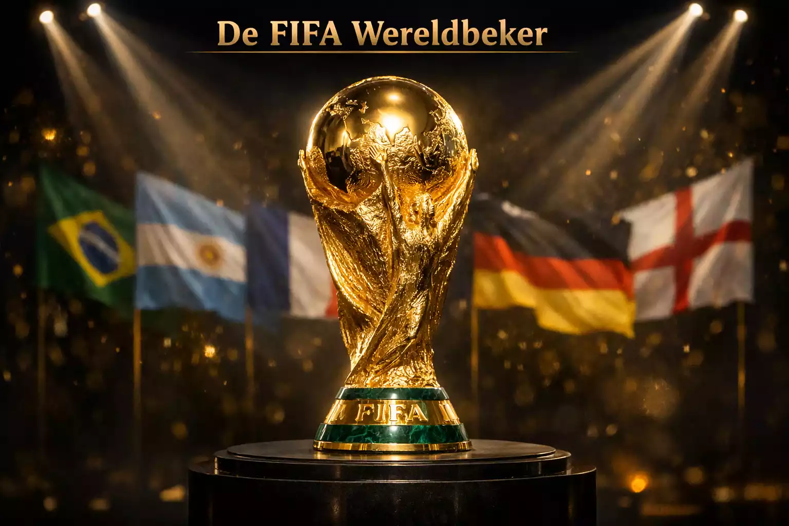 WK trofee met vlaggen van favoriete landen op achtergrond
