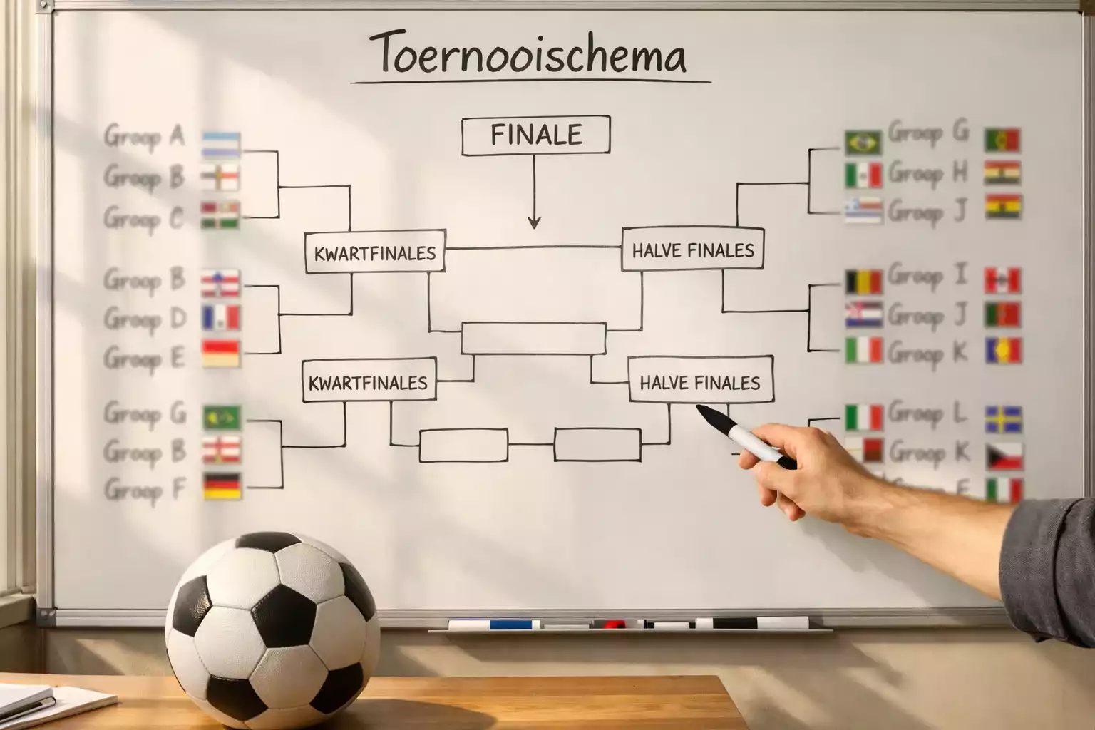 Voetbaltoernooi bracket schema met vlaggen van 48 deelnemende landen