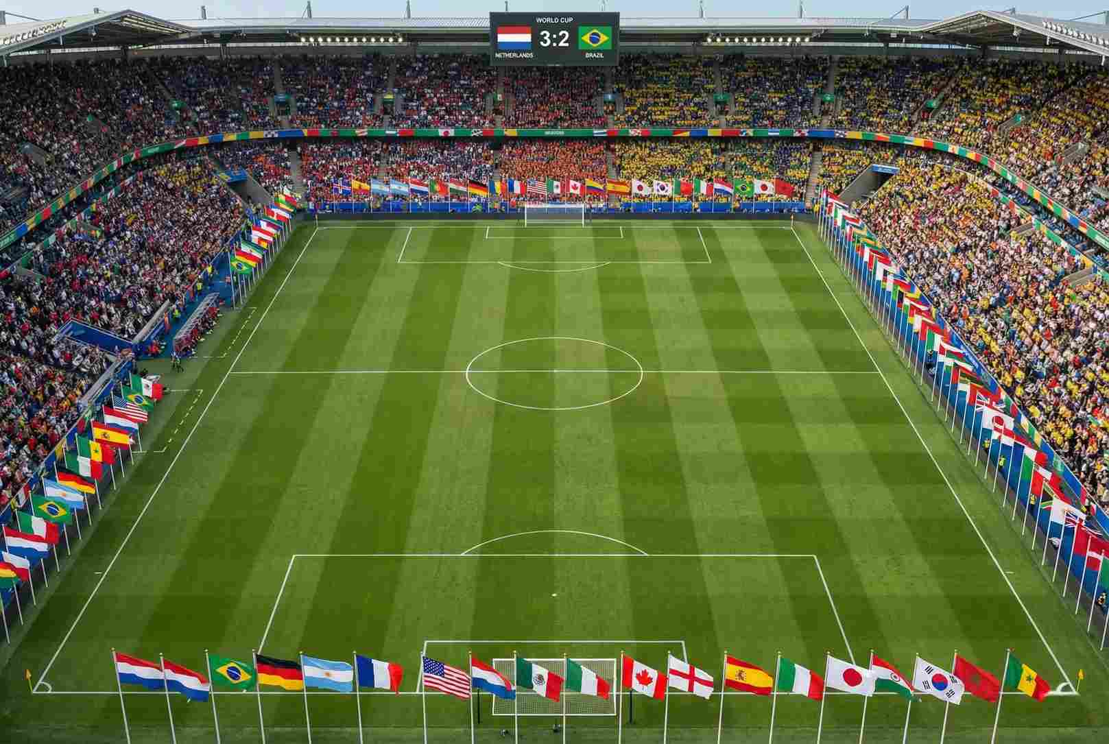 Voetbalveld met vlaggen van verschillende WK deelnemende landen tijdens groepsfase