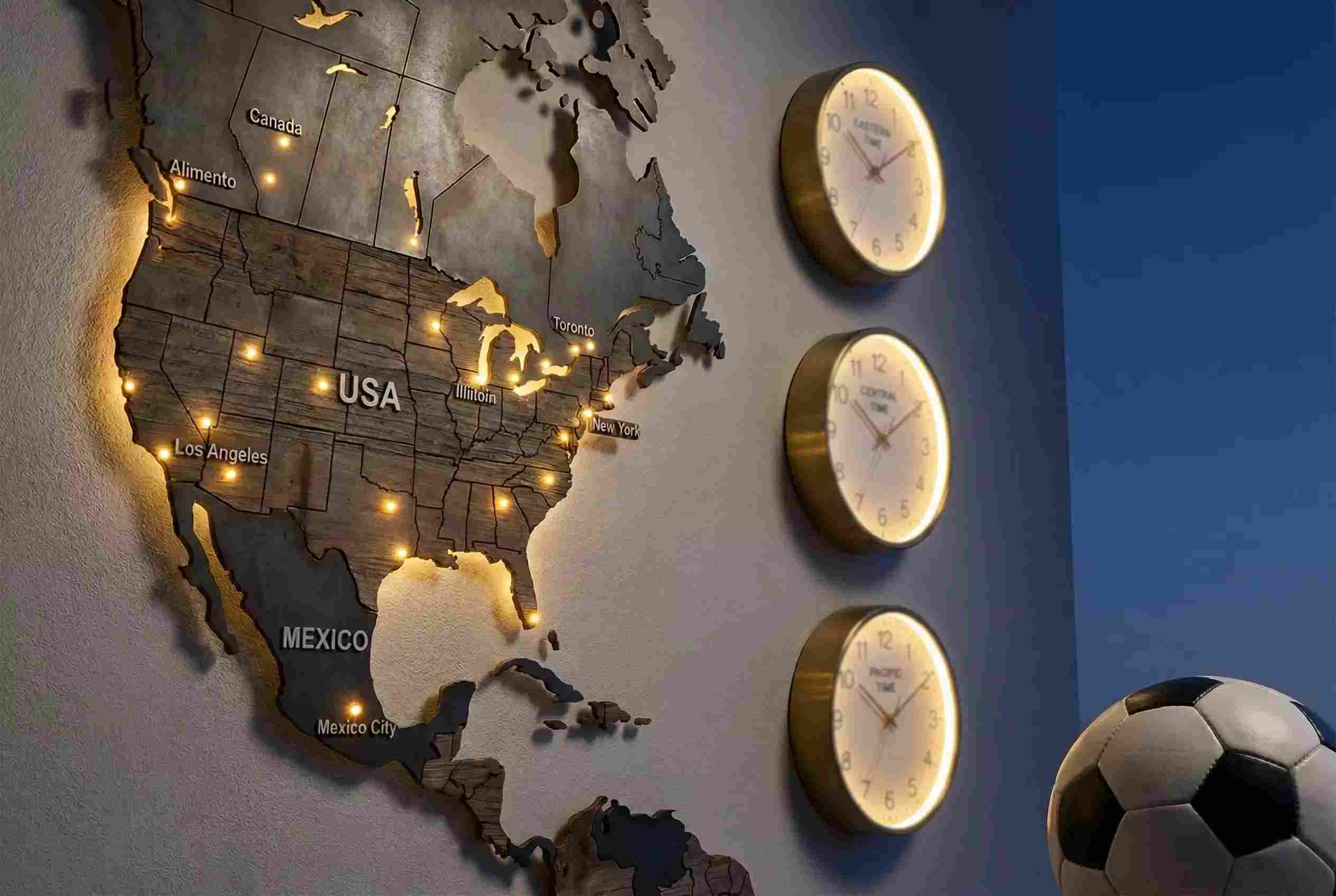 Wereldkaart met Noord-Amerika gemarkeerd en klokken die verschillende tijdzones tonen