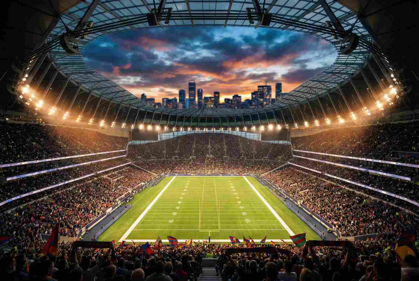 Imposant voetbalstadion in Noord-Amerika met volle tribunes tijdens avondwedstrijd