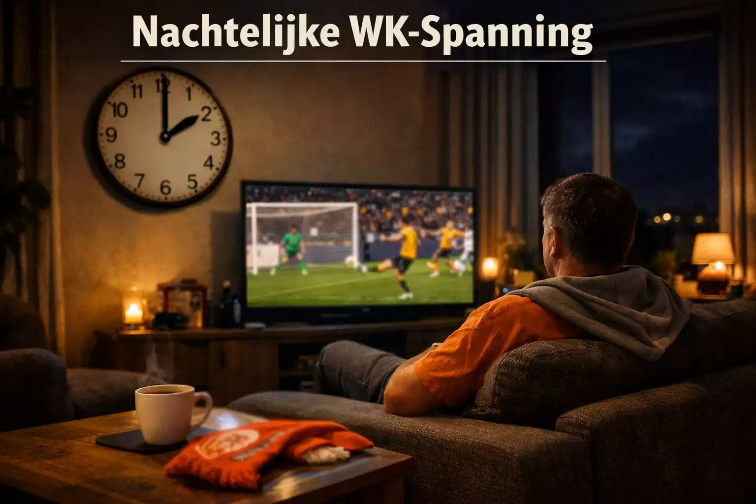 Nederlandse wedder bekijkt voetbalwedstrijd op laptop in de avond met klok op achtergrond