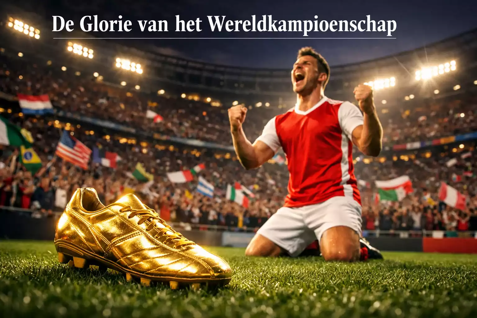 Voetballer viert doelpunt tijdens WK wedstrijd met gouden schoen op de voorgrond
