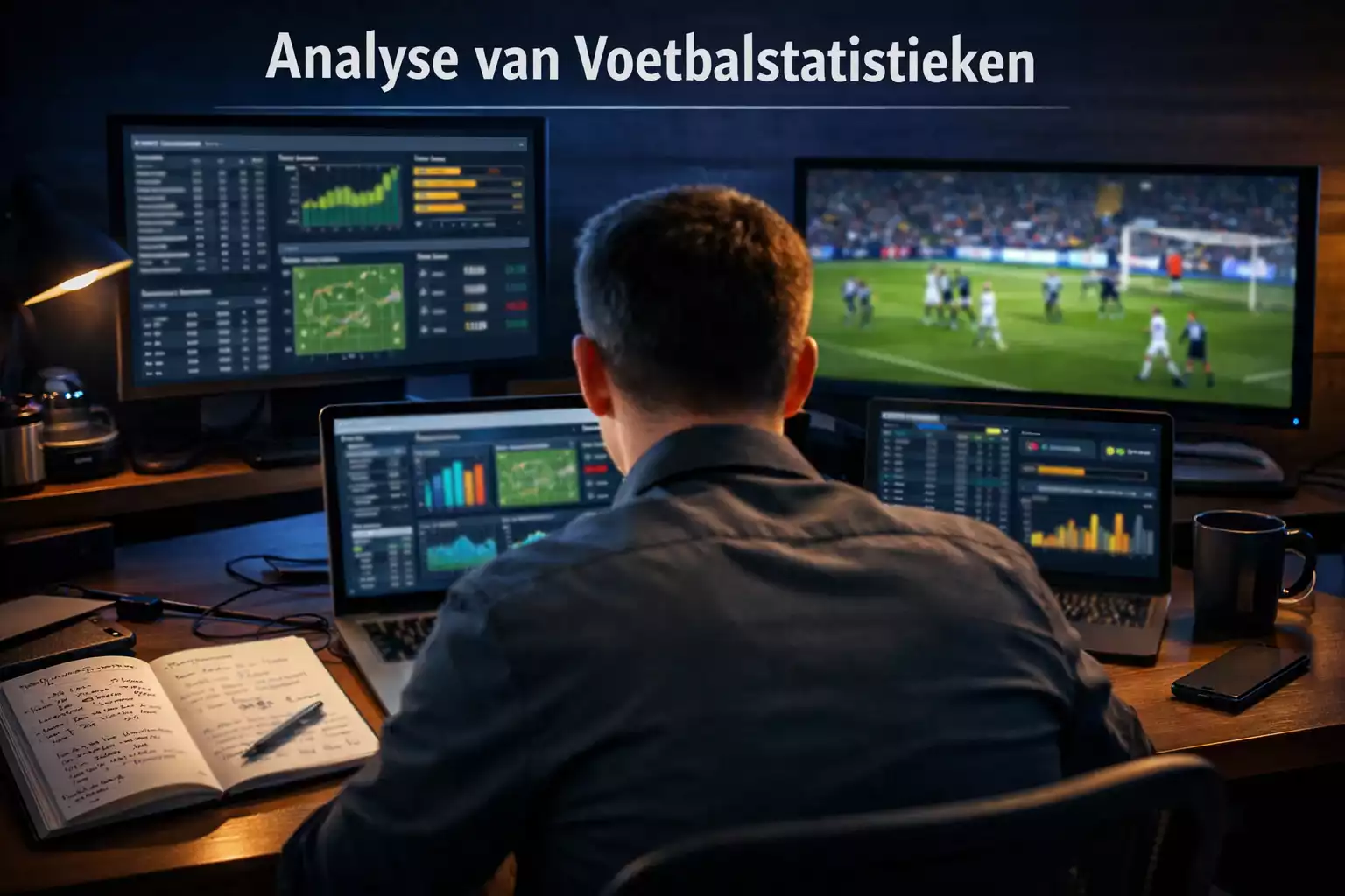 Analyticus bestudeert voetbalstatistieken op laptop bij WK