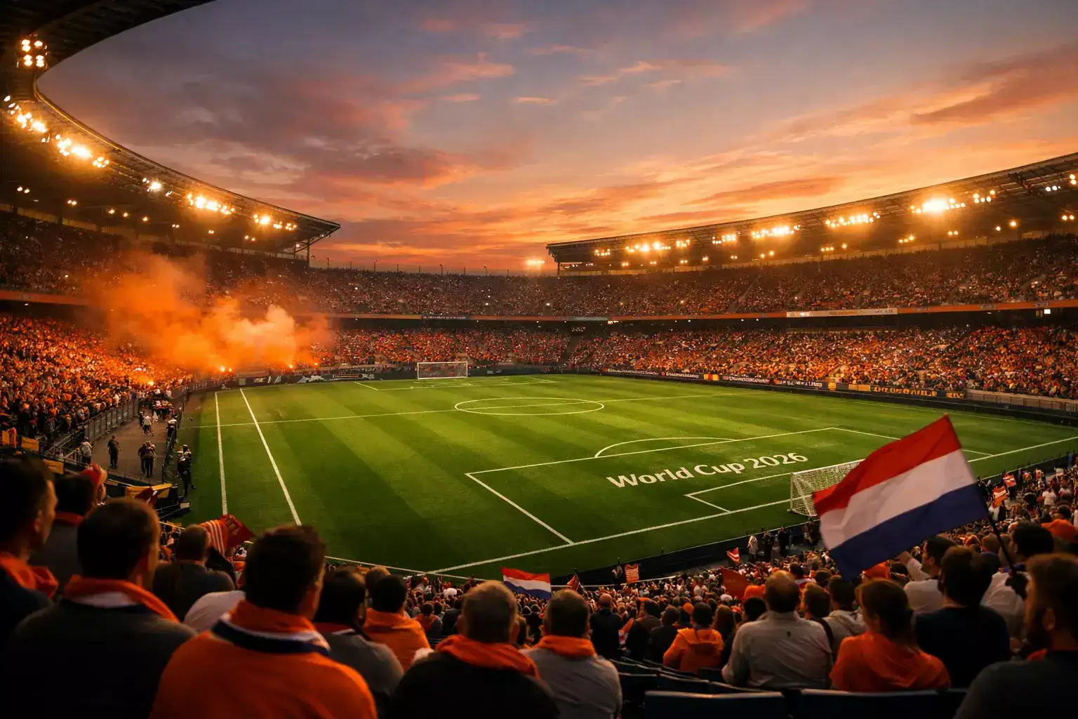 WK 2026 voetbalstadion met oranje sfeer en supporters