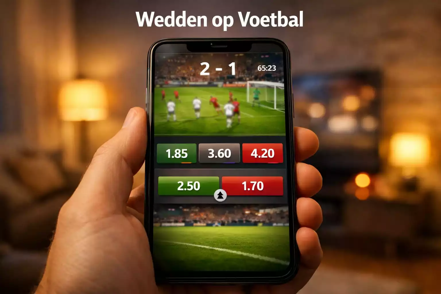 Smartphone met voetbalwedstrijd en weddenschap app op het scherm